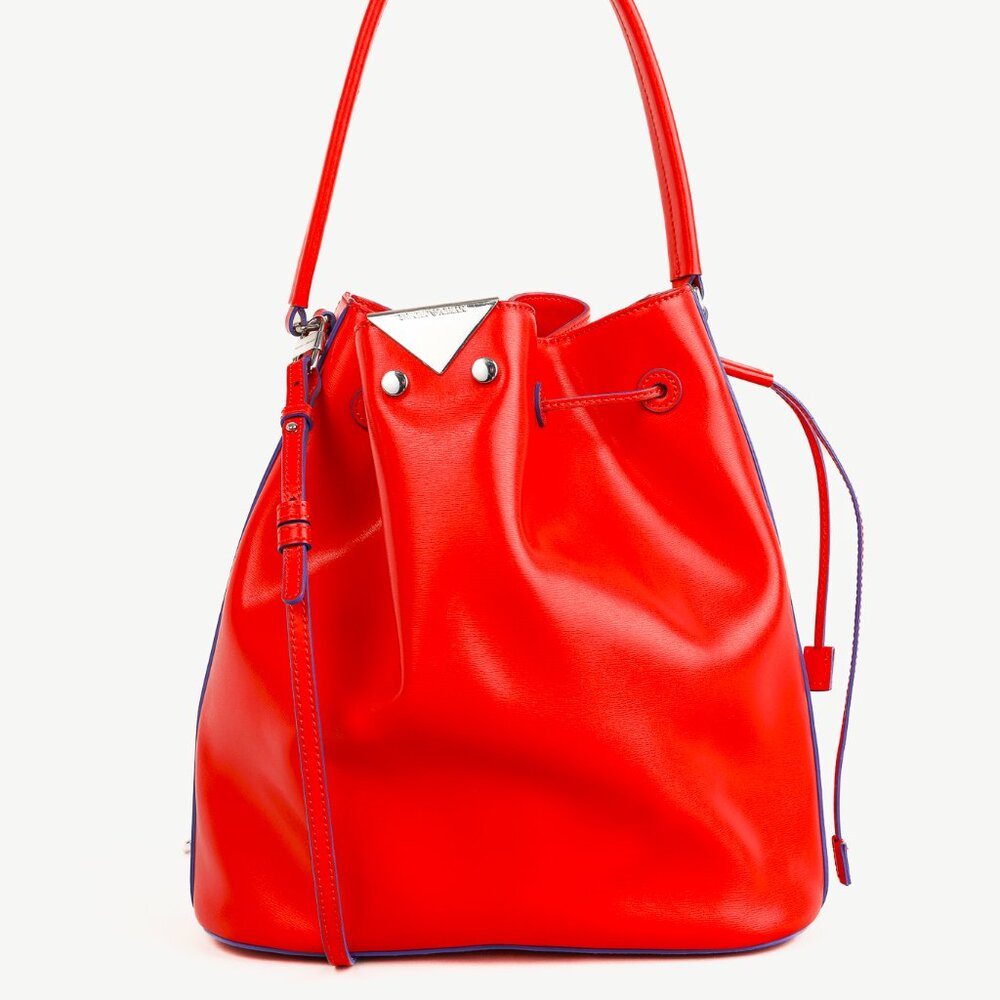 Emporio Armani SS/15 Red Boarded Leather Drawstring Bucket Bag
